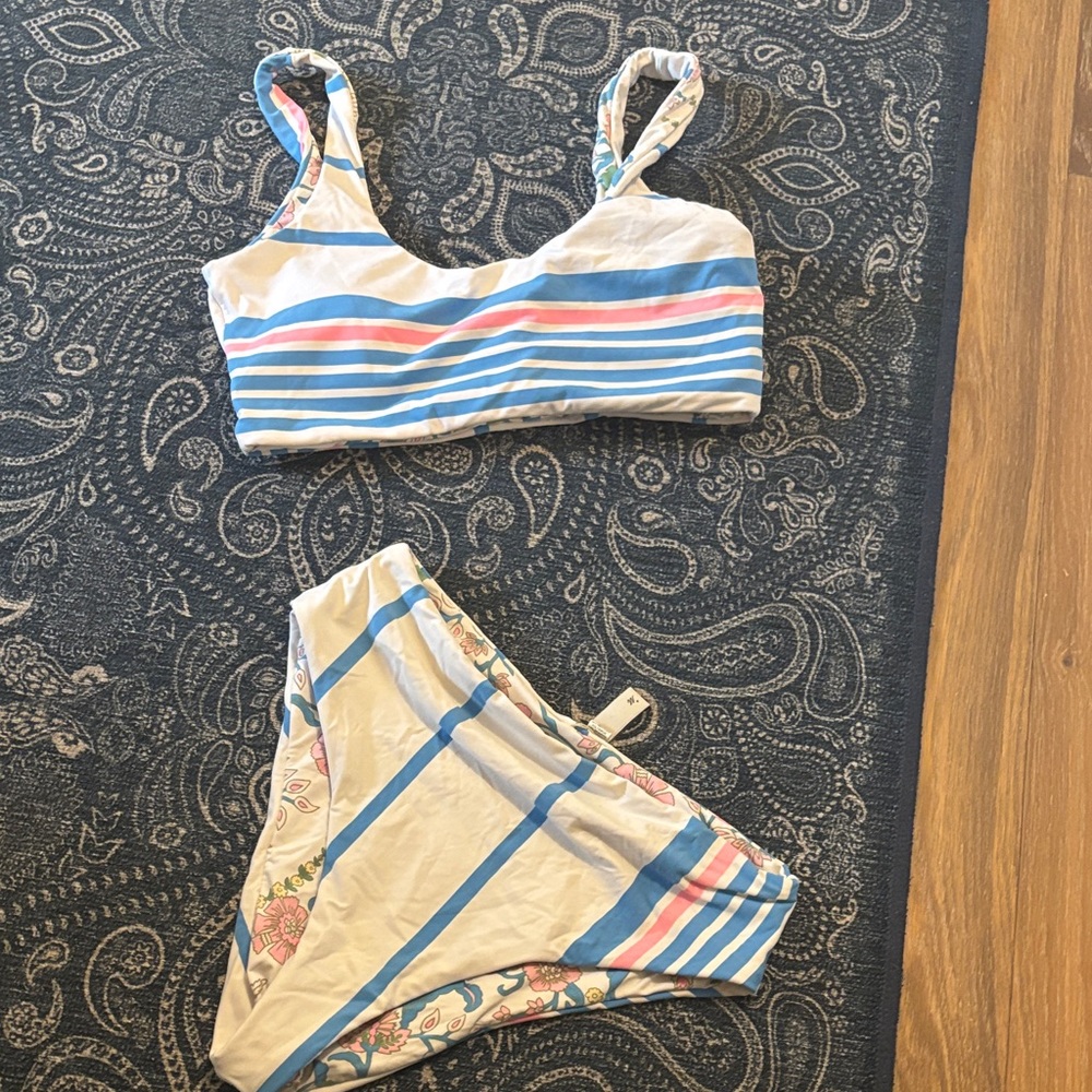 Maaji Floral Bikini Set - Cream and Blue high waisted large